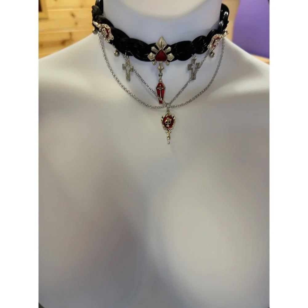 Gothic Vampire Choker Skull Coffin Cross Red Black Braided Necklace 13